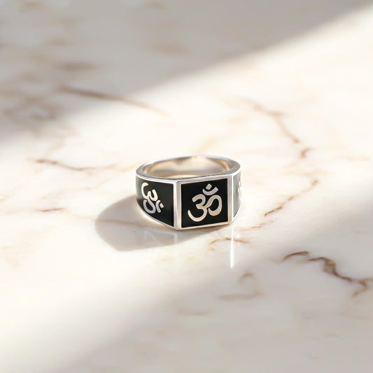 Silver Om Spiritual Black Enamel Ring