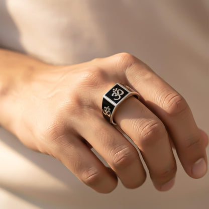 Silver Om Spiritual Black Enamel Ring