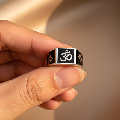 Silver Om Spiritual Black Enamel Ring
