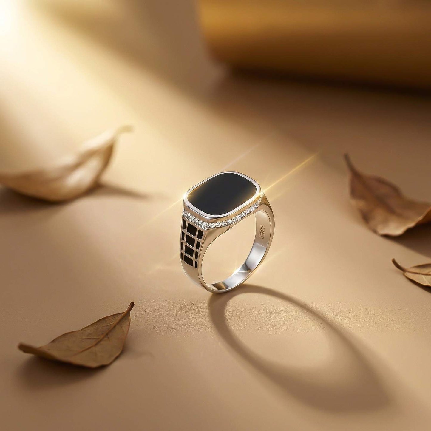 Silver Black Style Signet CZ Border Ring
