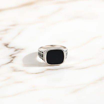 Silver Black Style Signet CZ Border Ring