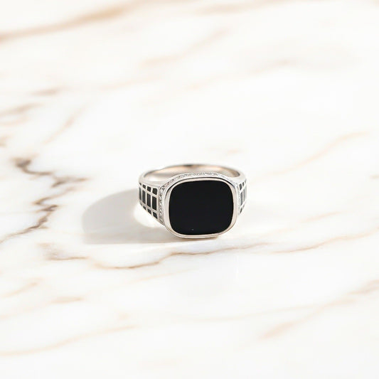 Silver Black Style Signet CZ Border Ring