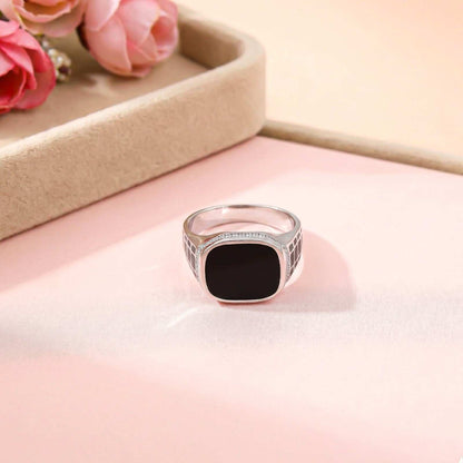 Silver Black Style Signet CZ Border Ring