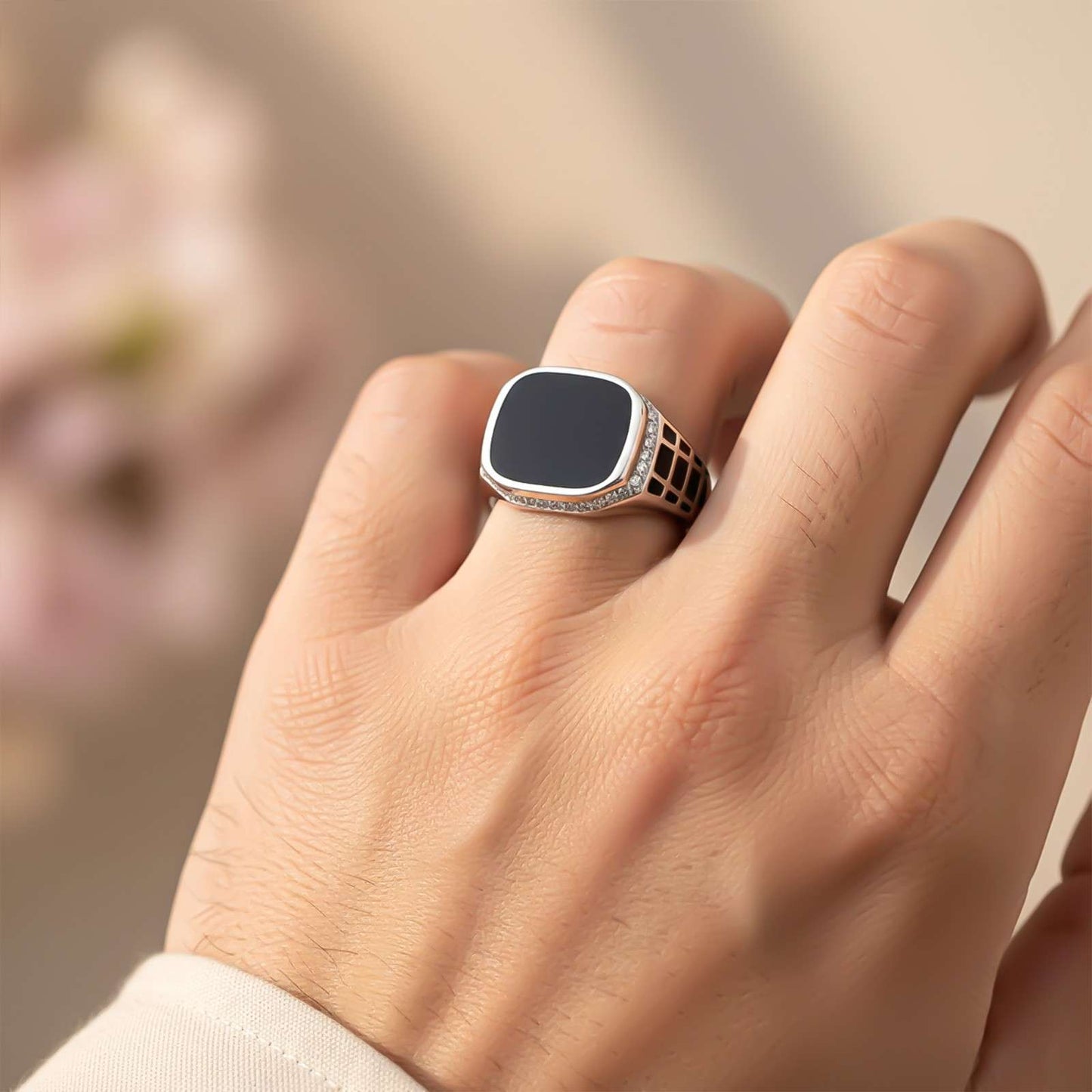 Silver Black Style Signet CZ Border Ring