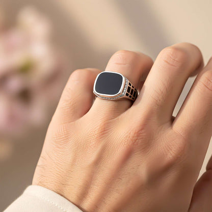 Silver Black Style Signet CZ Border Ring