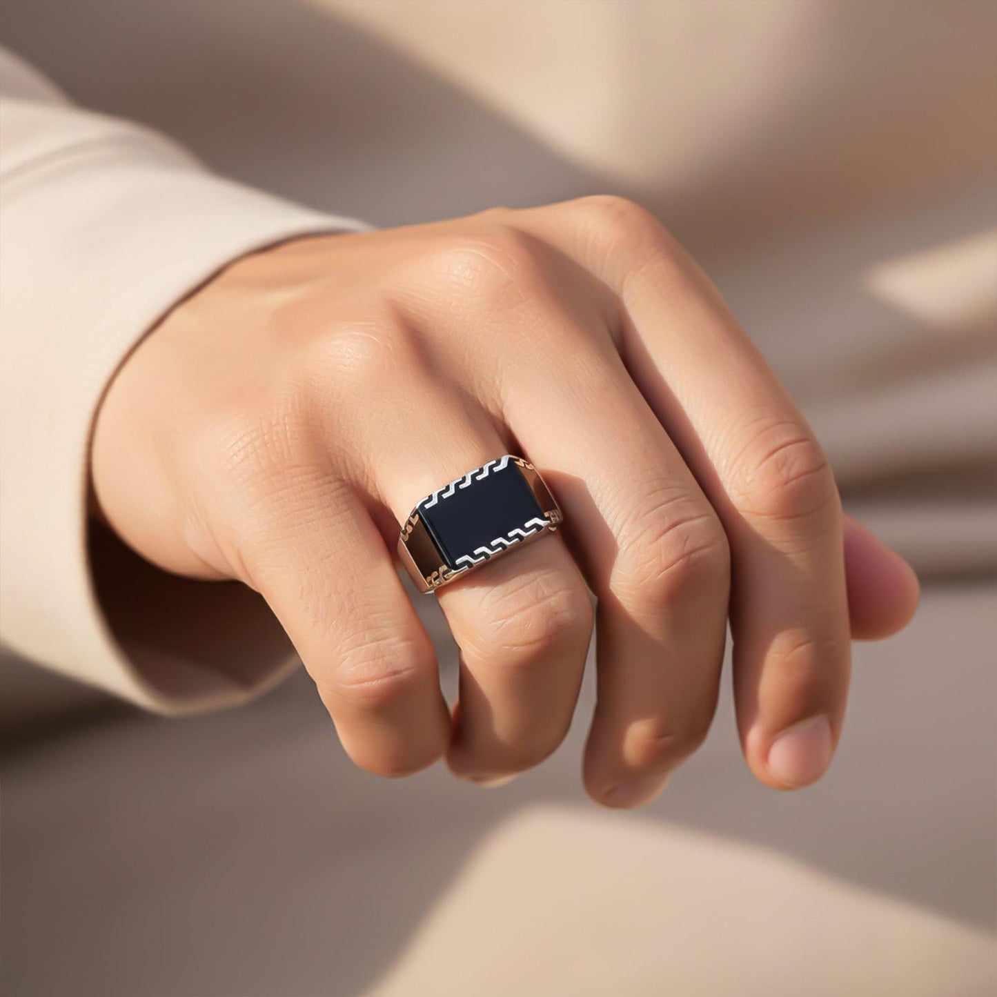 Silver Black Enamel Geometric Pattern Ring
