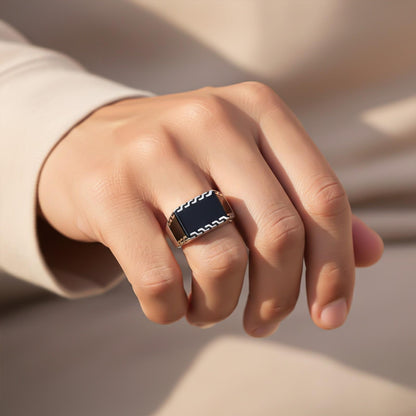 Silver Black Enamel Geometric Pattern Ring