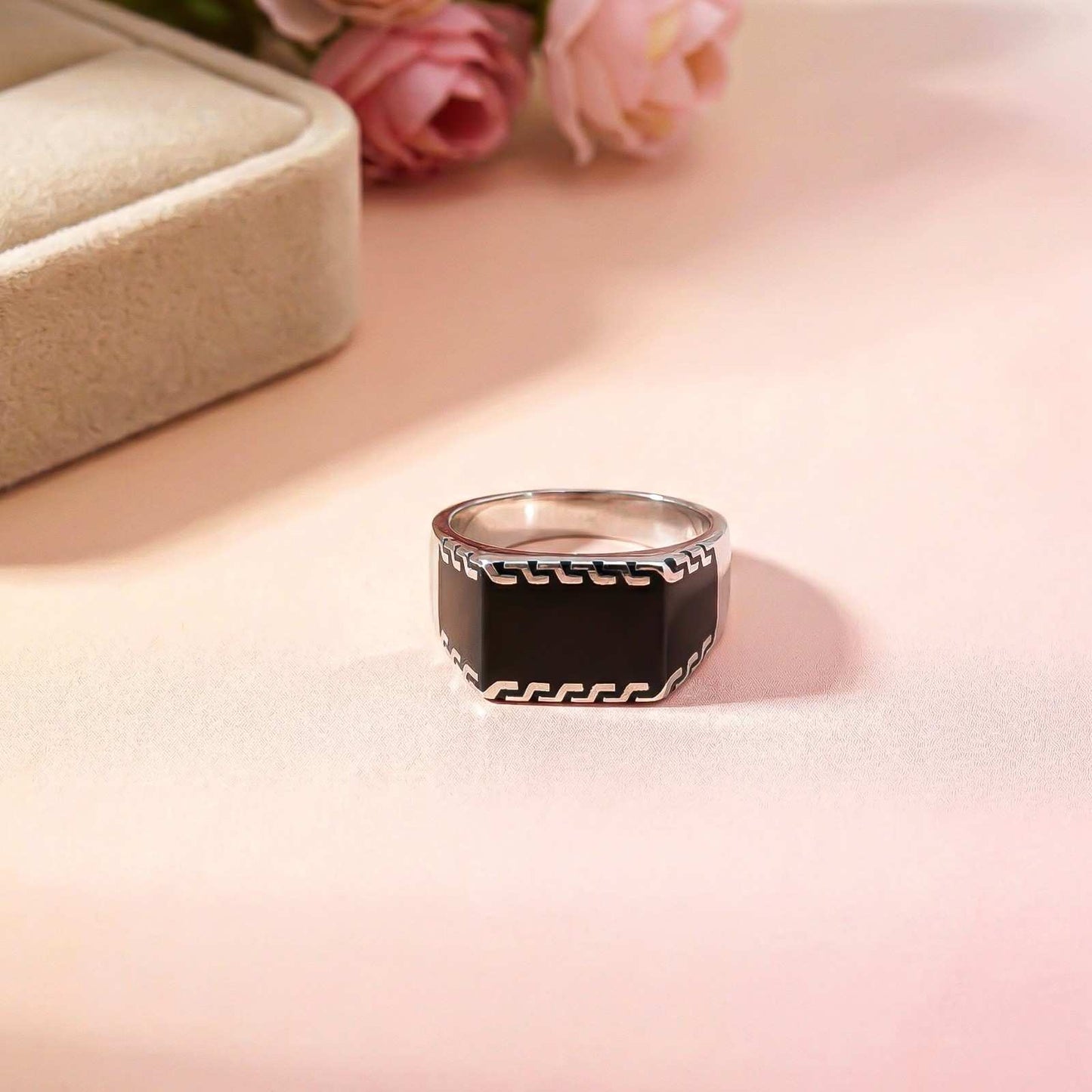 Silver Black Enamel Geometric Pattern Ring