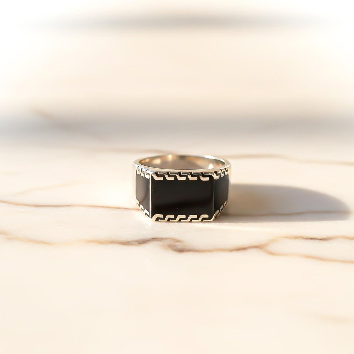 Silver Black Enamel Geometric Pattern Ring