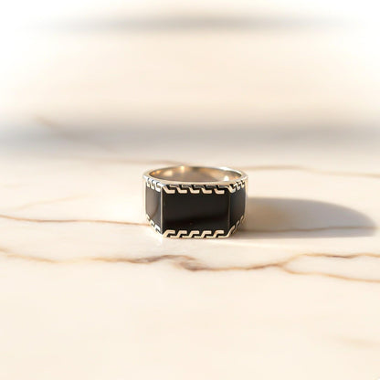 Silver Black Enamel Geometric Pattern Ring