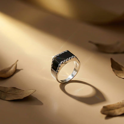 Silver Black Enamel Geometric Pattern Ring