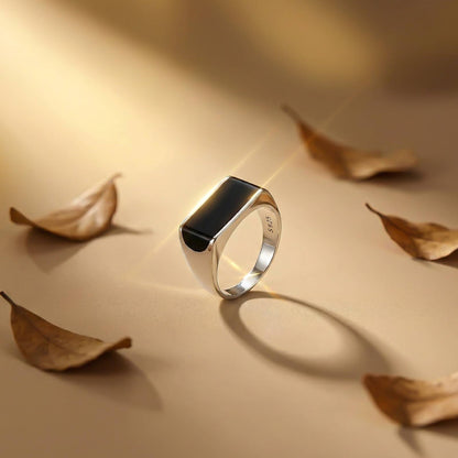 Silver Black Style Sleek Signet Ring for Men