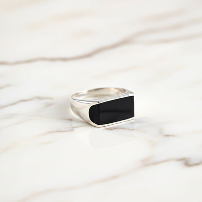 Silver Black Style Sleek Signet Ring for Men
