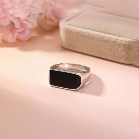 Silver Black Style Sleek Signet Ring for Men