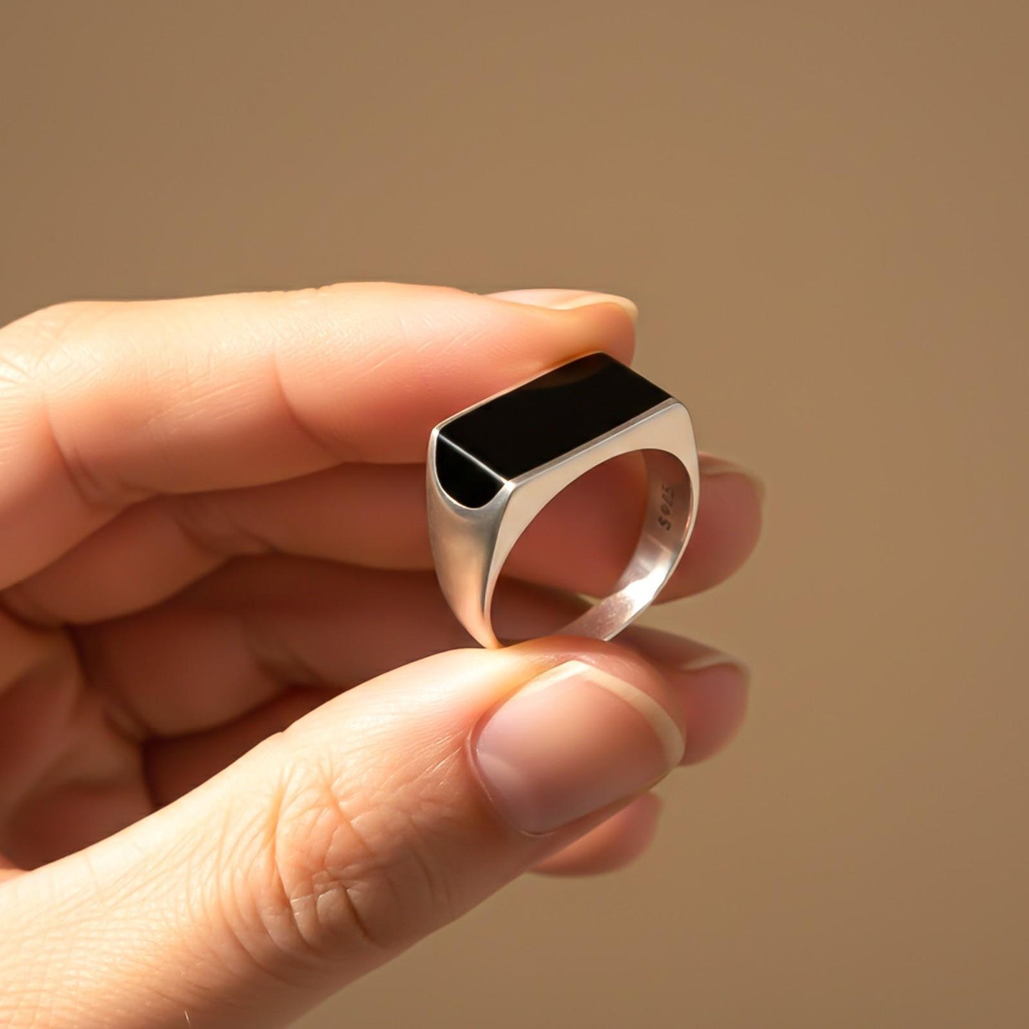 Silver Black Style Sleek Signet Ring for Men