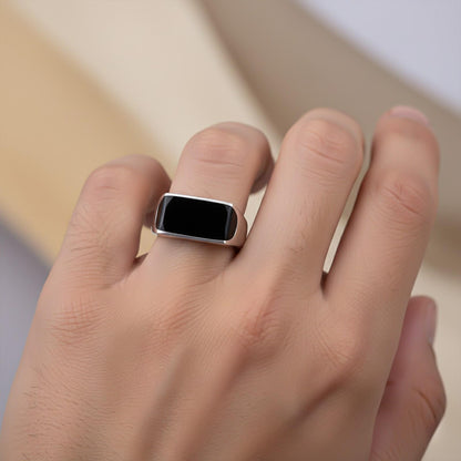 Silver Black Style Sleek Signet Ring for Men