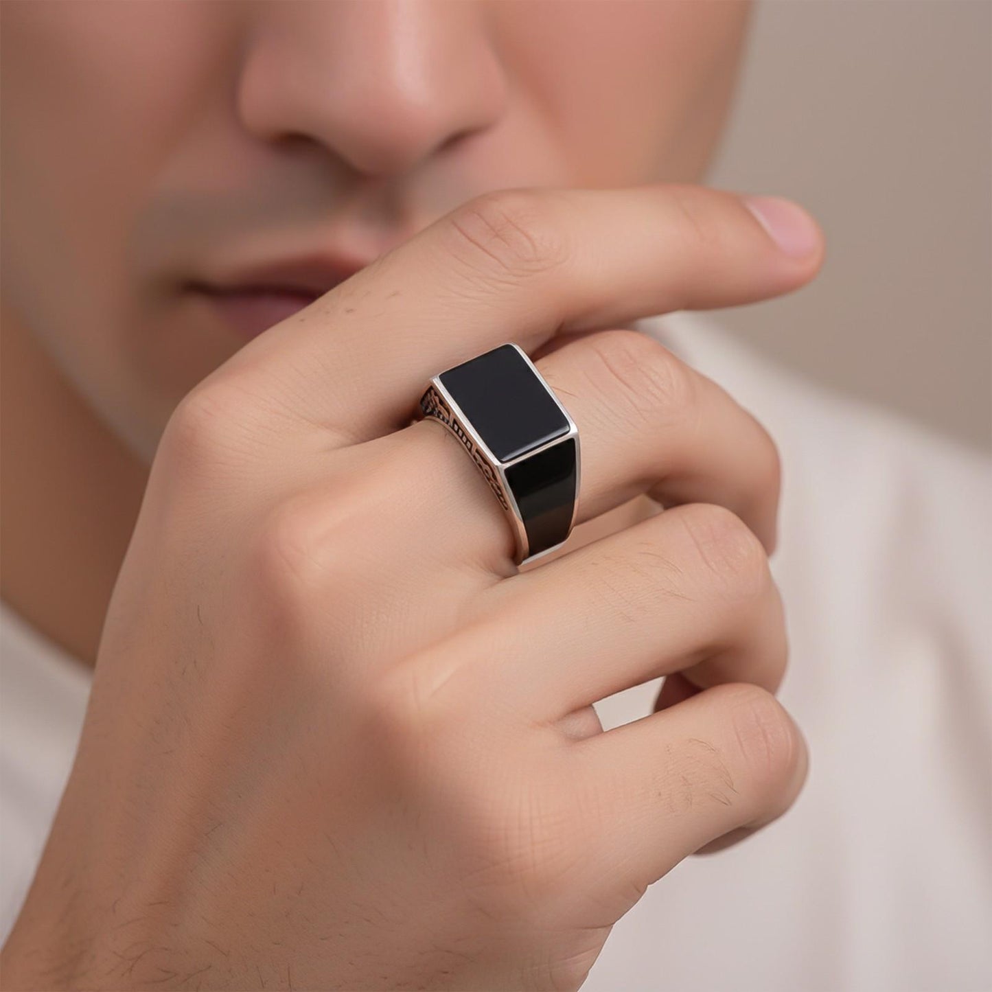 Silver Black Style Textured Signet Ring