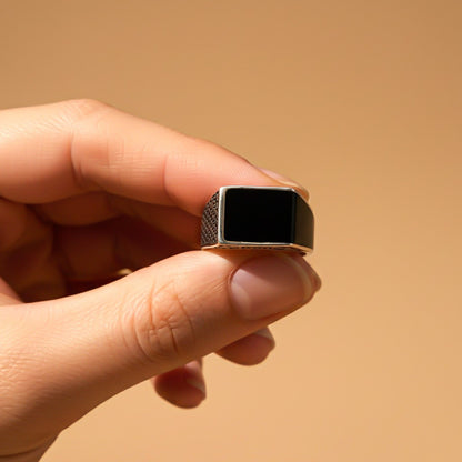 Silver Black Style Textured Signet Ring