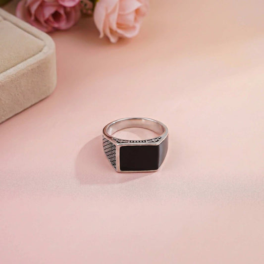 Silver Black Style Textured Signet Ring
