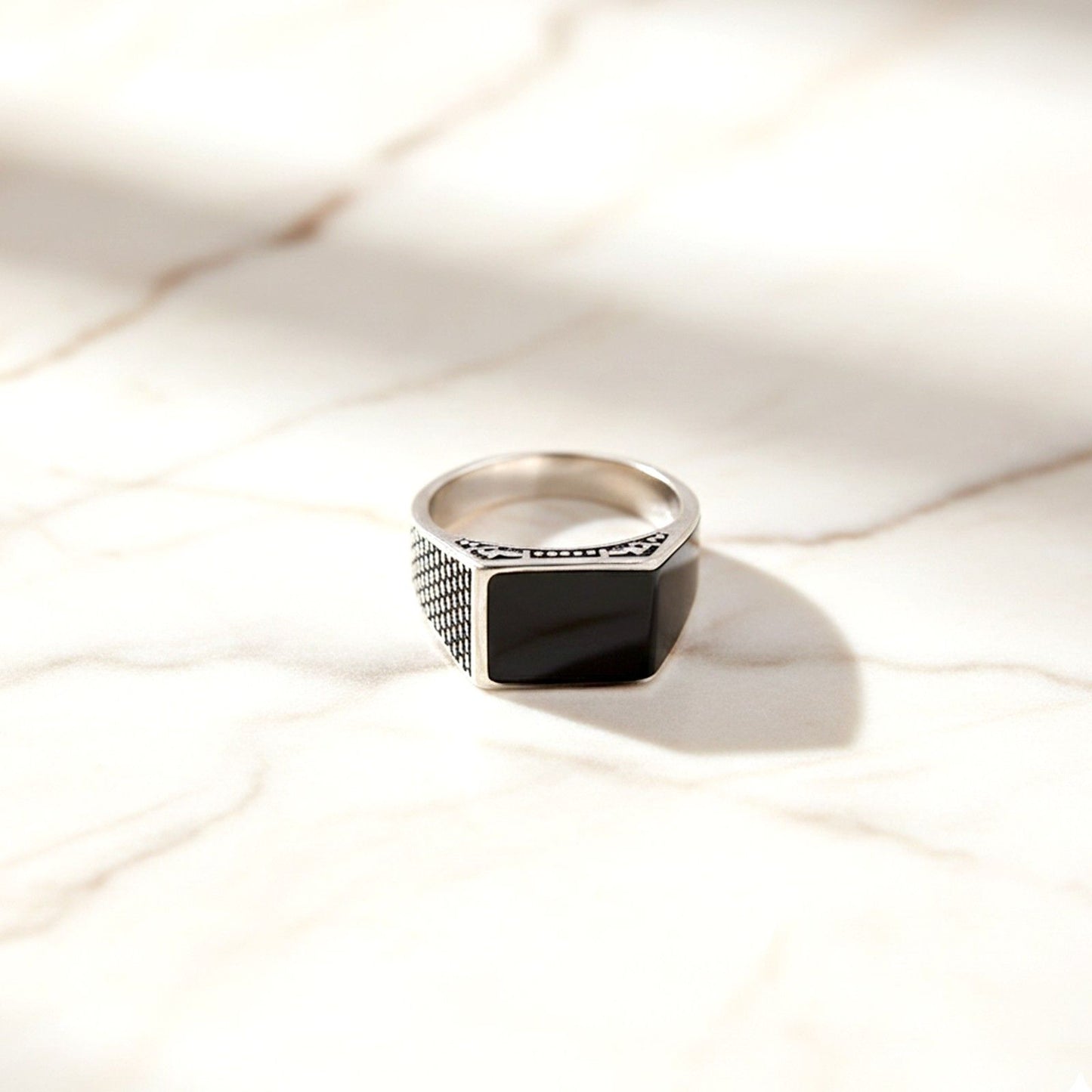 Silver Black Style Textured Signet Ring