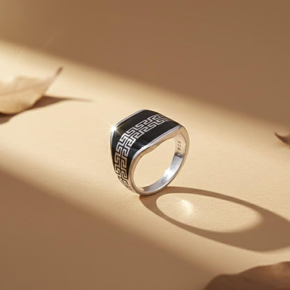 Silver Black Enamel Greek Pattern Ring