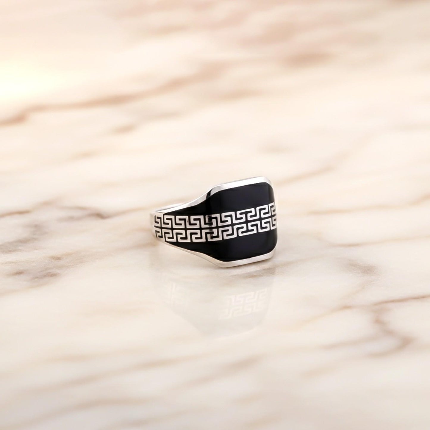 Silver Black Enamel Greek Pattern Ring