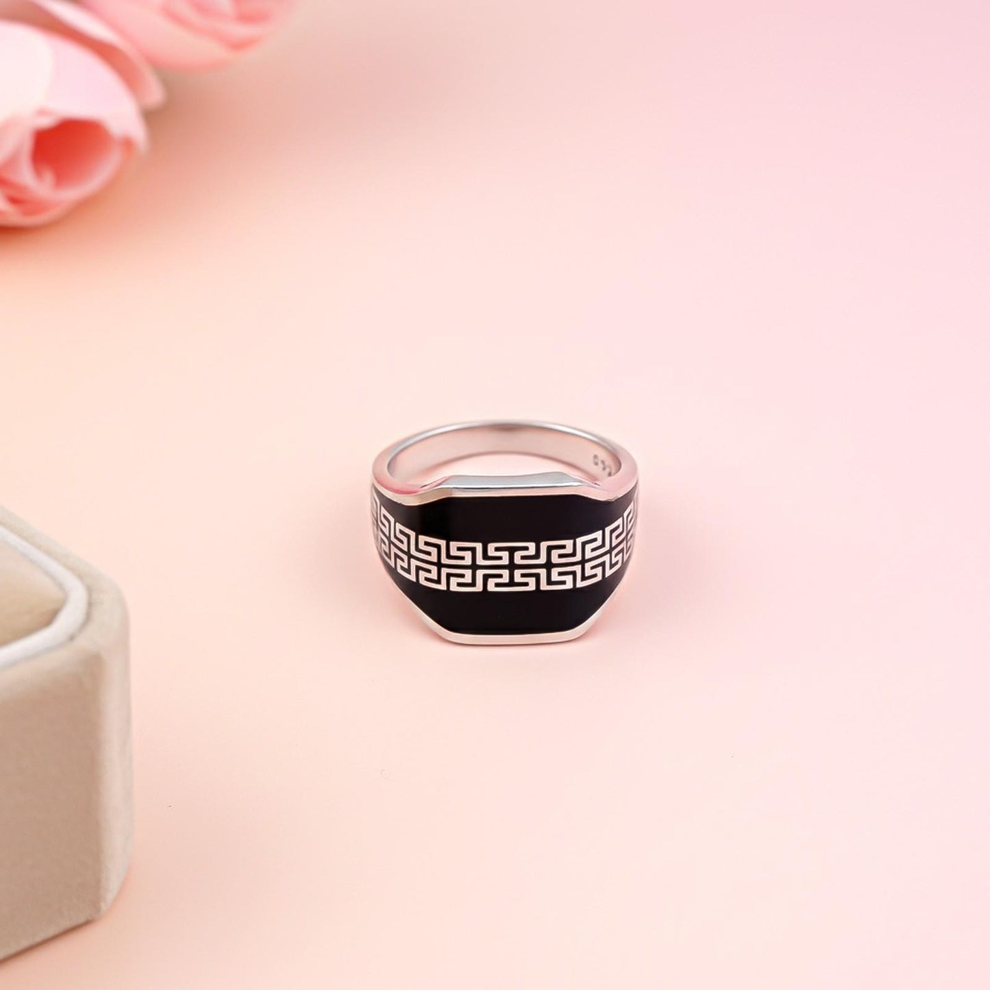 Silver Black Enamel Greek Pattern Ring