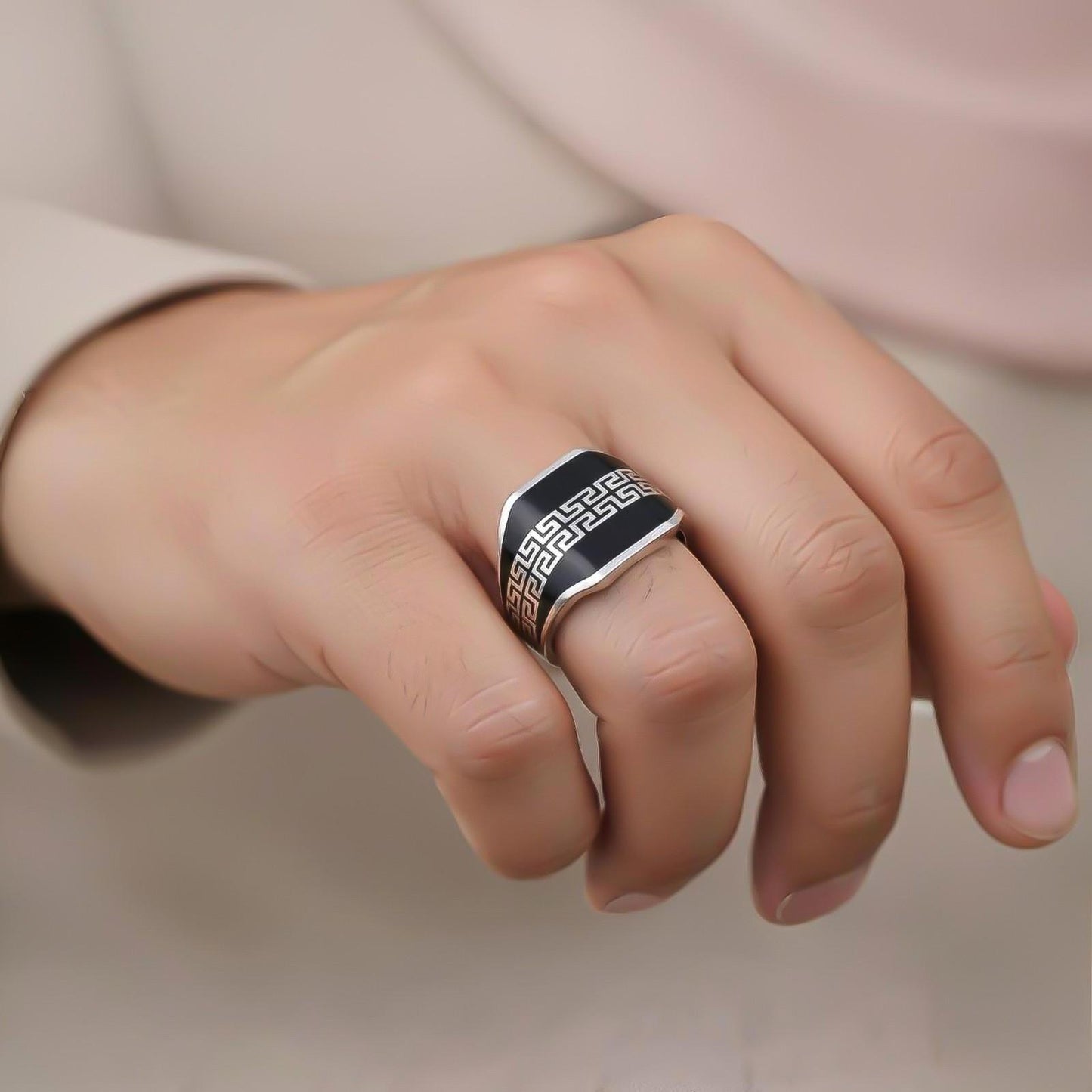 Silver Black Enamel Greek Pattern Ring
