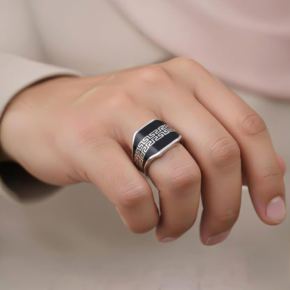 Silver Black Enamel Greek Pattern Ring
