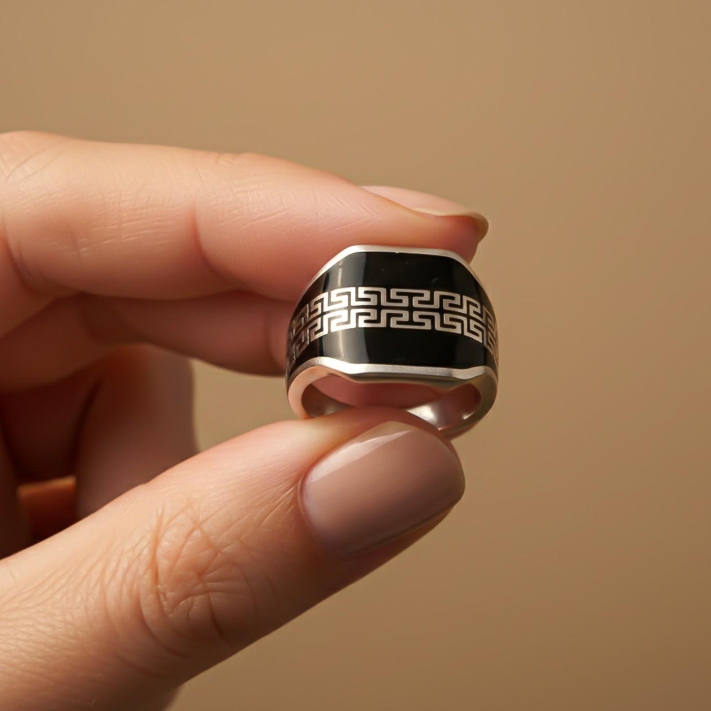 Silver Black Enamel Greek Pattern Ring