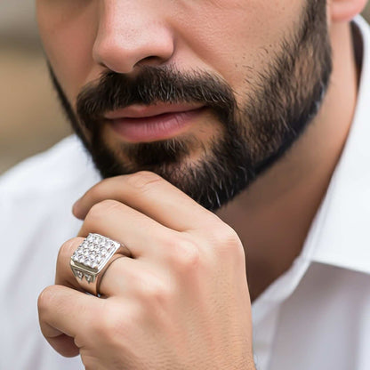 Silver Square Cluster Signet Ring for For Him