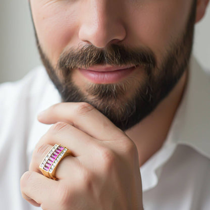 Silver Ruby & Diamond Multi-Row Statement Ring for Him