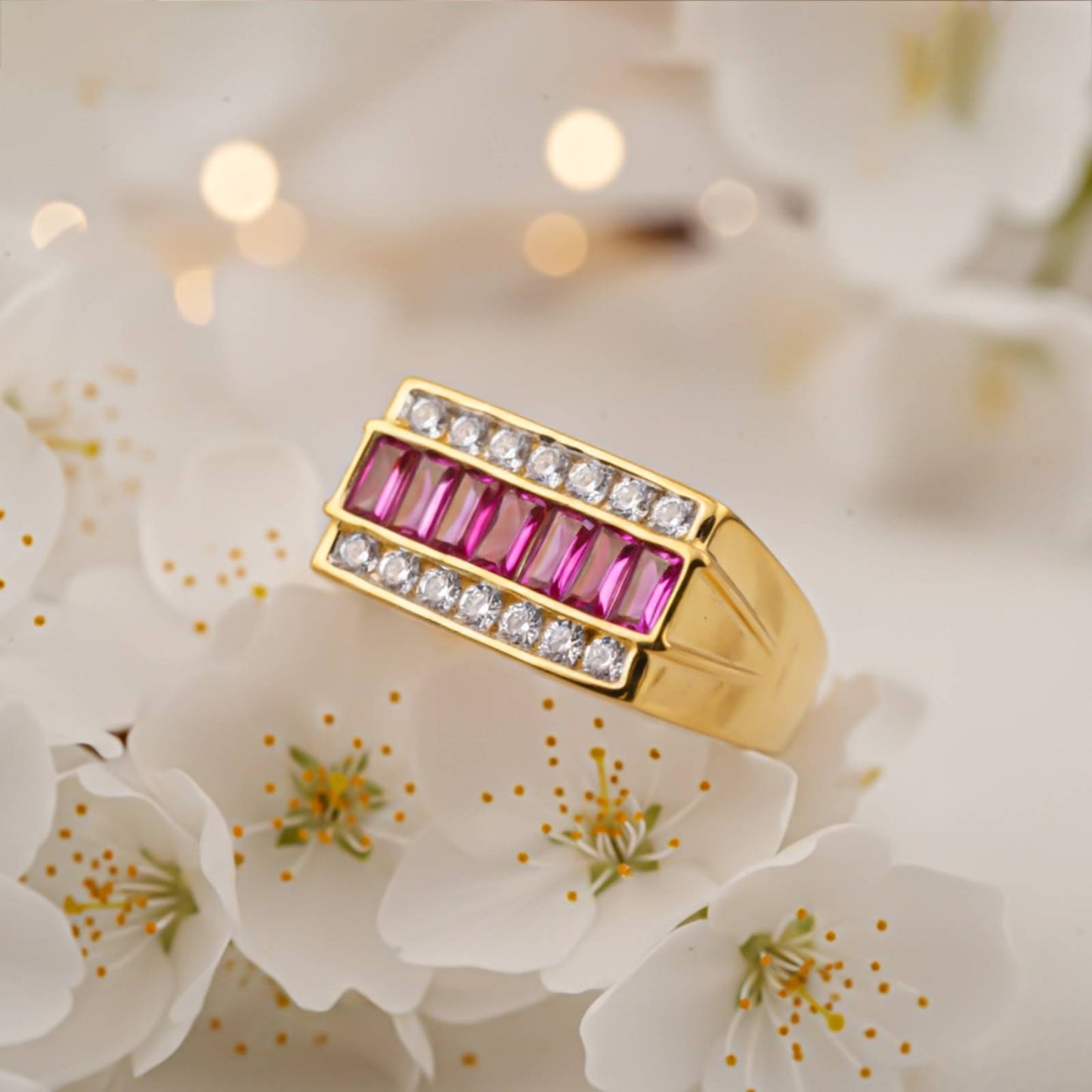 Silver Ruby & Diamond Multi-Row Statement Ring for Him