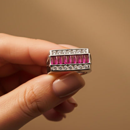Silver Ruby & Diamond Multi-Row Statement Ring for Him