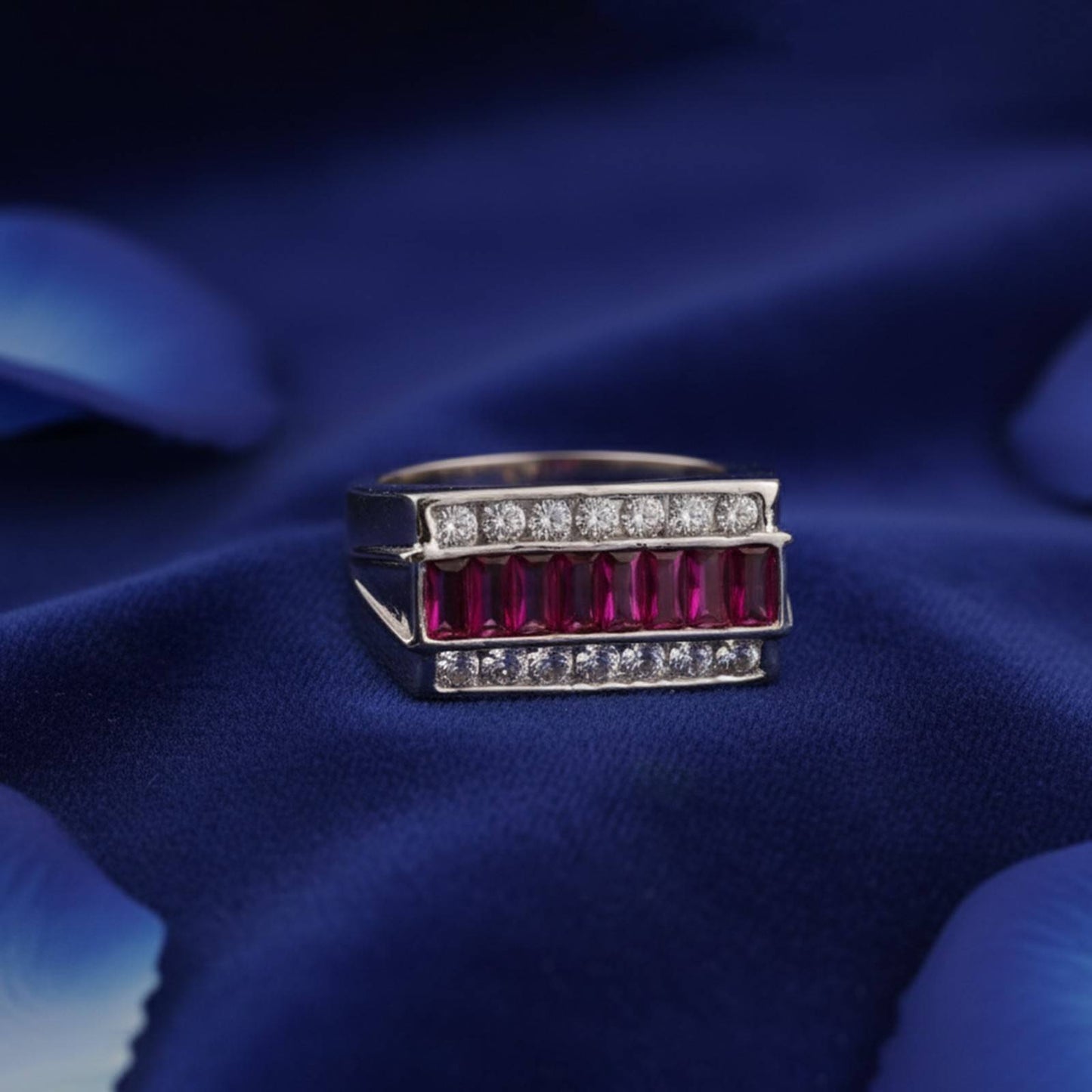 Silver Ruby & Diamond Multi-Row Statement Ring for Him