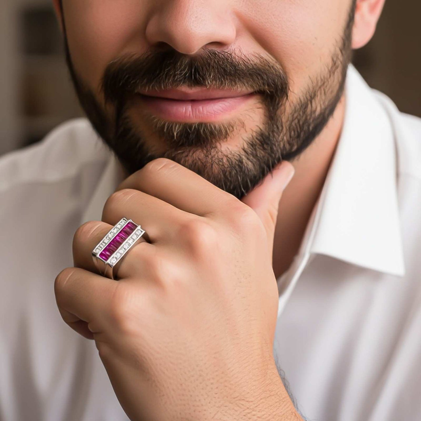 Silver Ruby & Diamond Multi-Row Statement Ring for Him