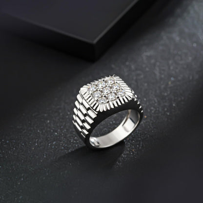 Silver Square Cluster Textured Signet Ring for Him
