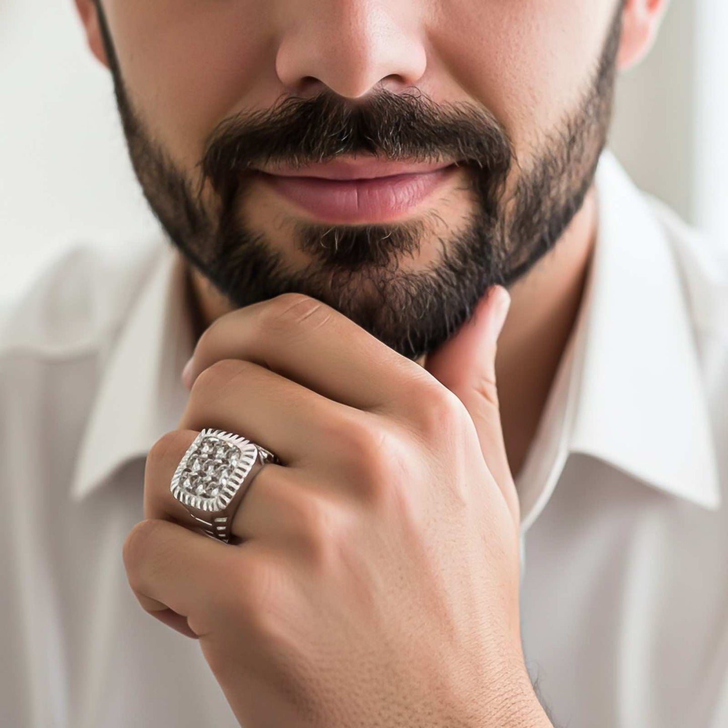 Silver Square Cluster Textured Signet Ring for Him