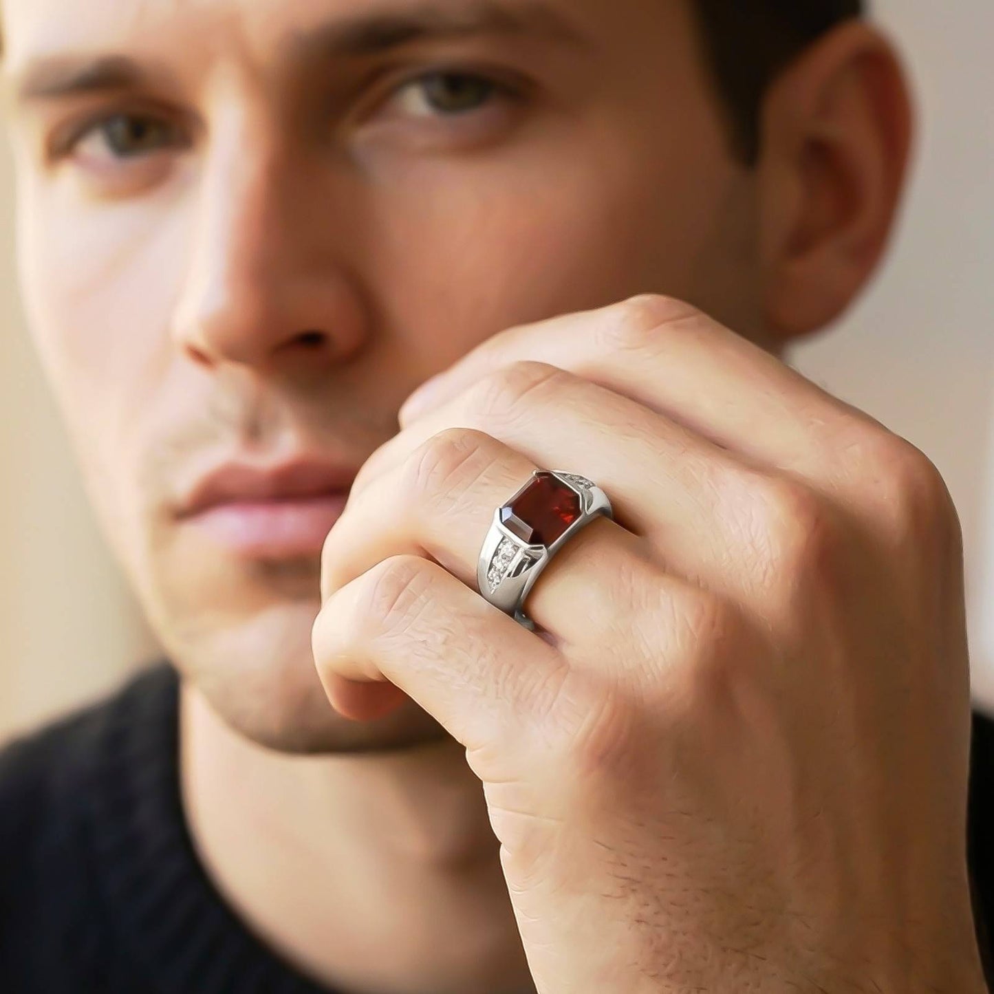 Silver Red Ruby Classic Ring for Him