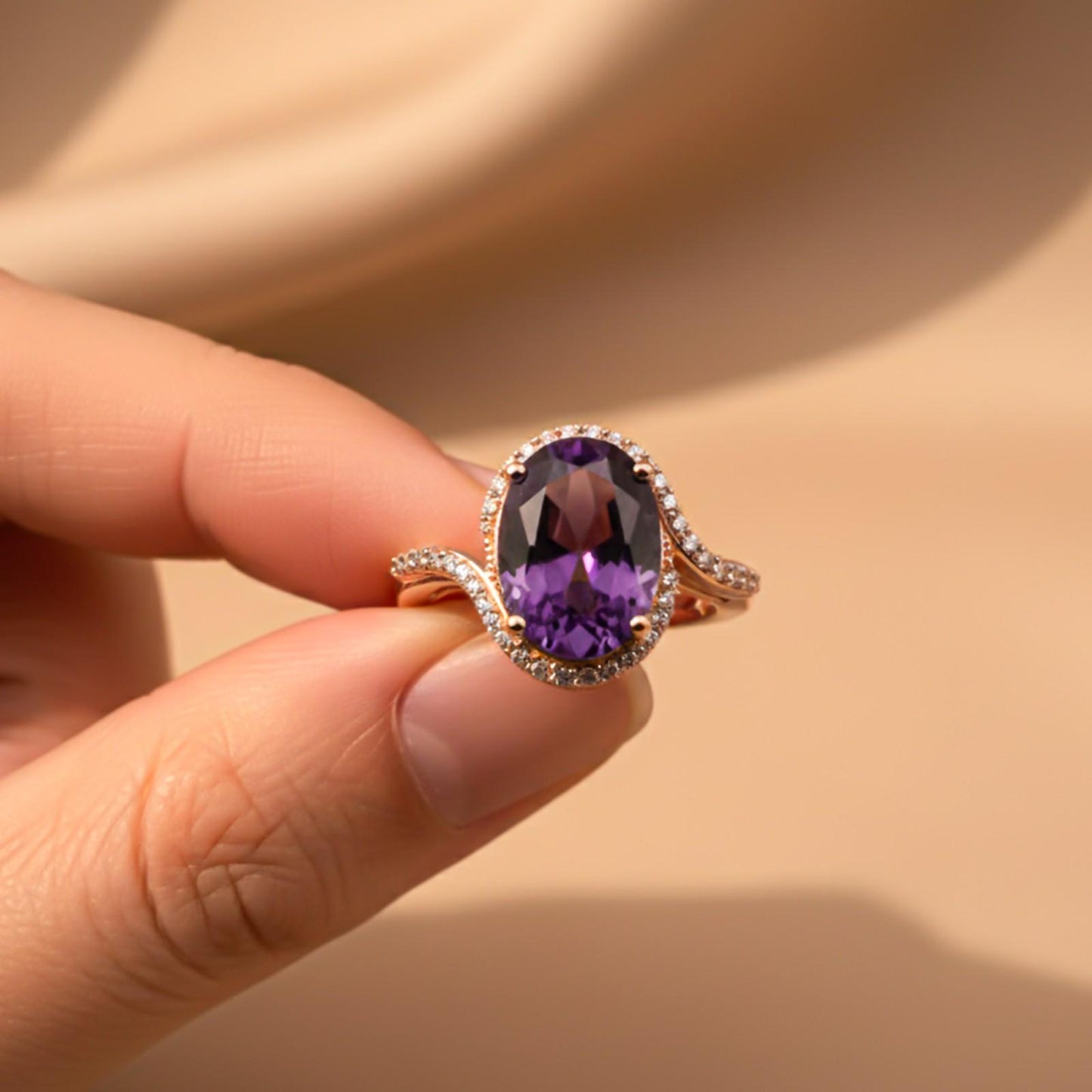 Silver Oval Amethyst Halo Ring for Women