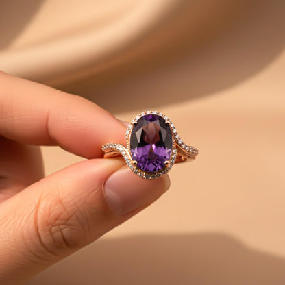 Silver Oval Amethyst Halo Ring for Women