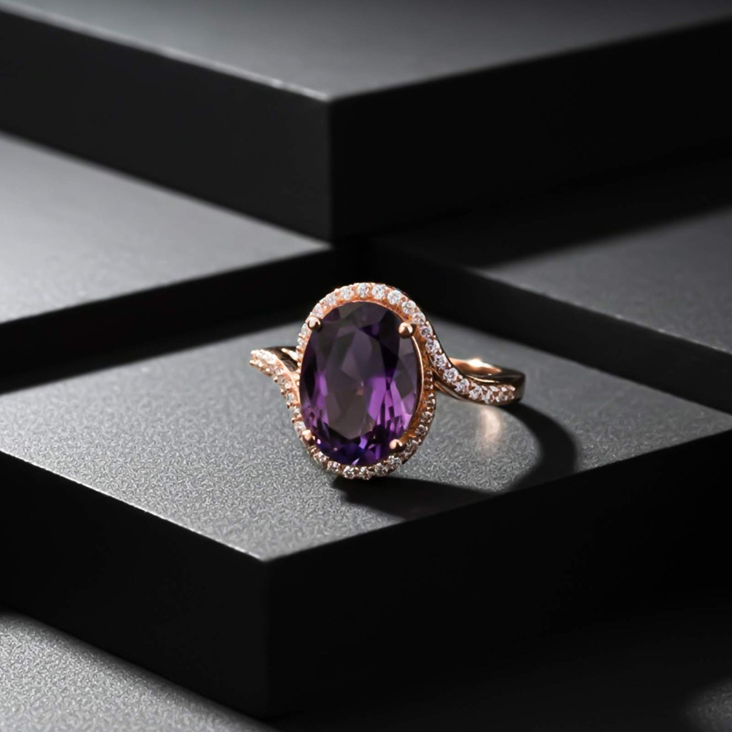 Silver Oval Amethyst Halo Ring for Women