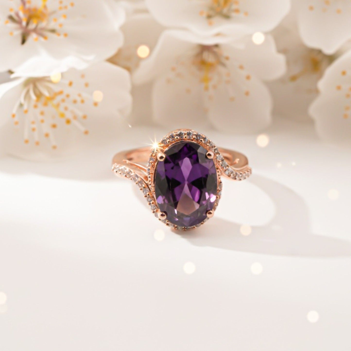 Silver Oval Amethyst Halo Ring for Women