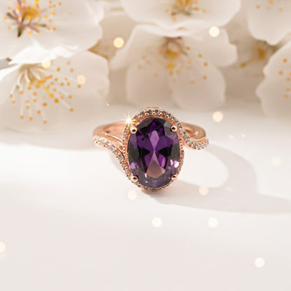 Silver Oval Amethyst Halo Ring for Women