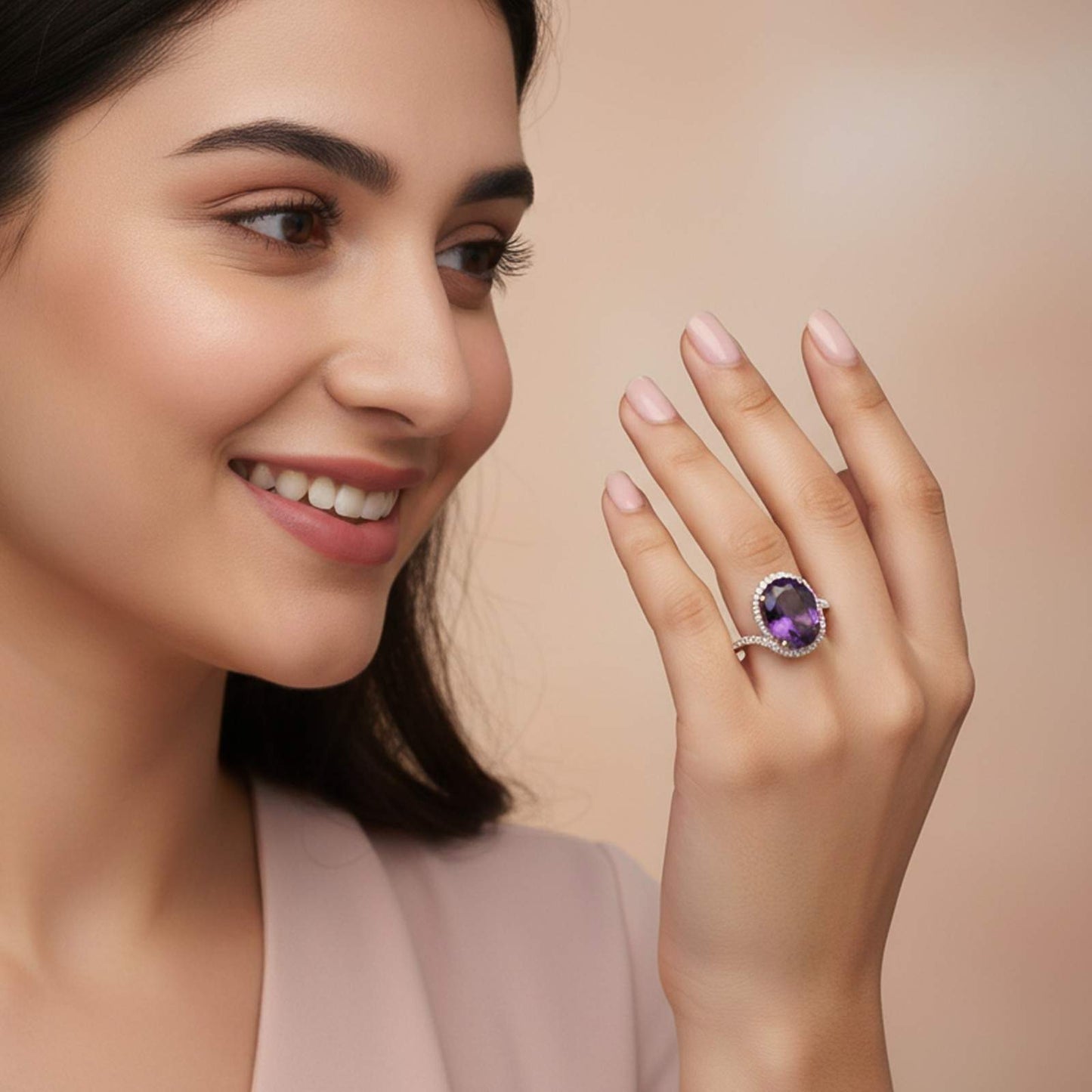 Silver Oval Amethyst Halo Ring for Women