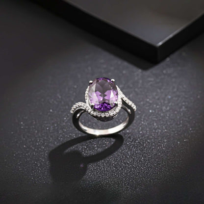 Silver Oval Amethyst Halo Ring for Women