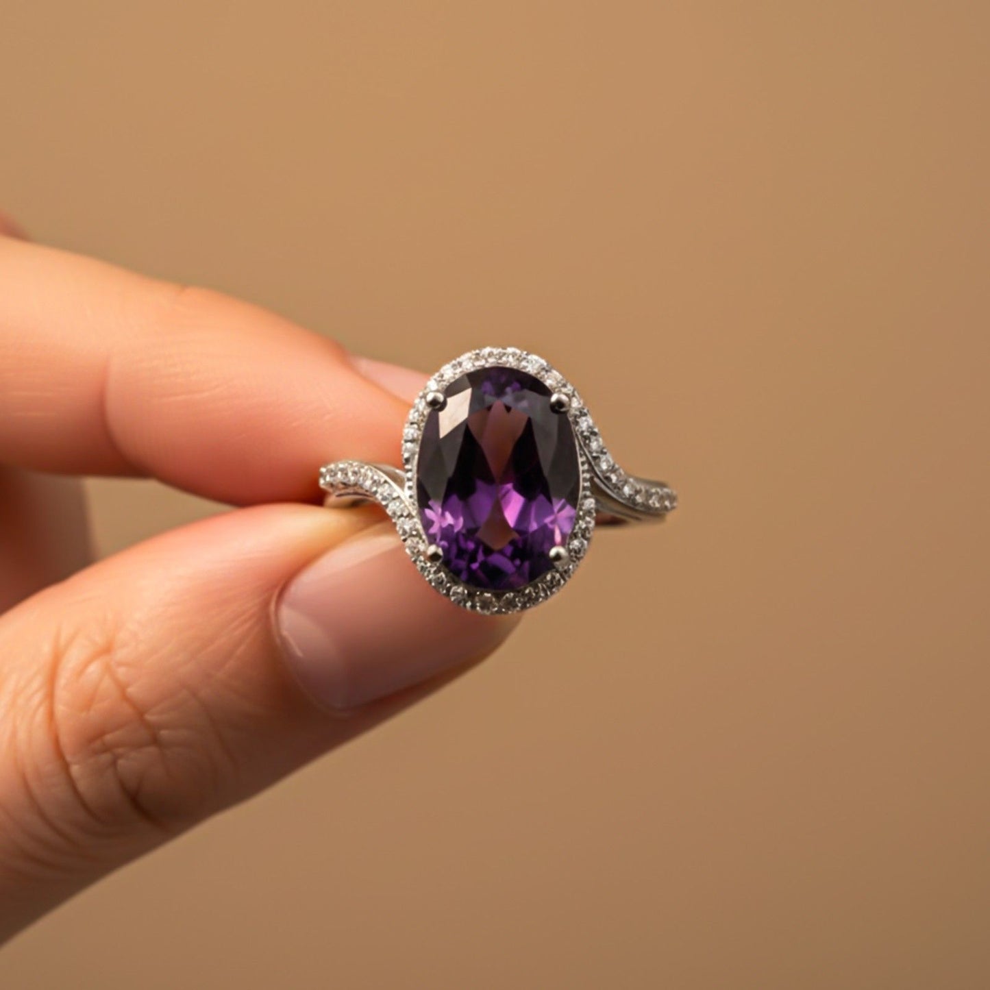 Silver Oval Amethyst Halo Ring for Women