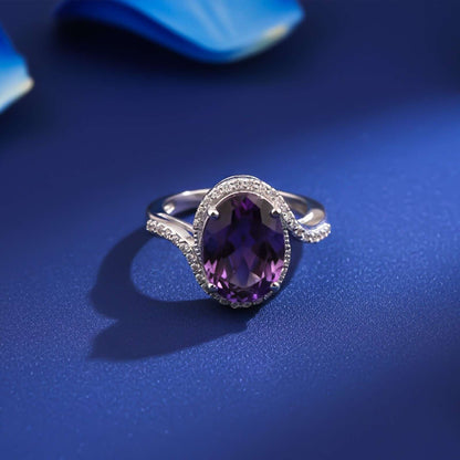Silver Oval Amethyst Halo Ring for Women