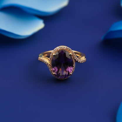 Silver Oval Amethyst Halo Ring for Women