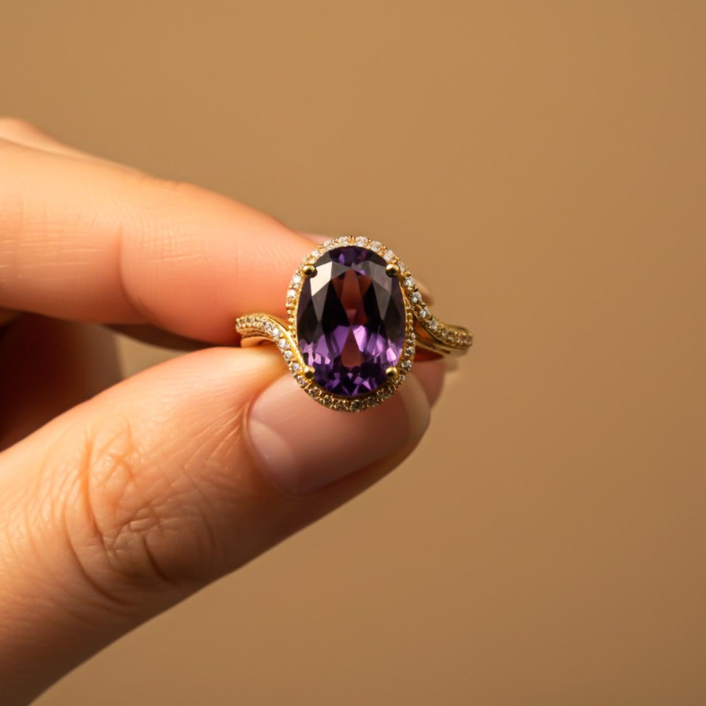 Silver Oval Amethyst Halo Ring for Women